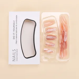 Nude pink press-on nails set with glitter and marble texture in 24 pieces pack