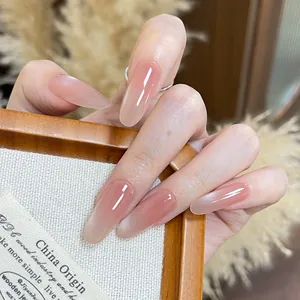 Gradient pink almond shape press-on nails with cat-eye effect and high glossy finish