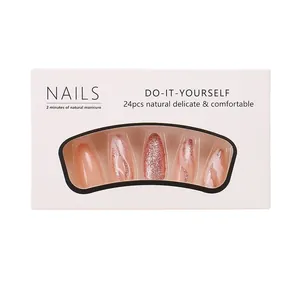 Glittering rose gold and pink press-on nails in long ballerina shape, 24-piece nail set