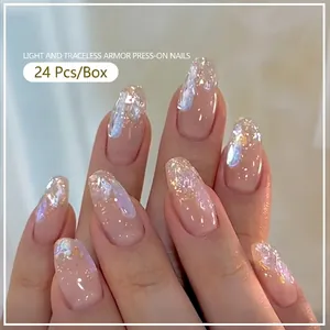 Aurora aurora laser glitter press-on nails 24pcs box medium long oval shape nude pink