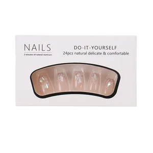 Nude pink coffin press-on nails with silver glitter gradient tips, 24pcs manicure set