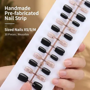 Handmade press-on nails set with star patterns and rhinestones, 30 pieces in XS S M sizes