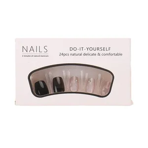 Star pattern cat-eye press-on nails set with rhinestone accents in black and nude pink