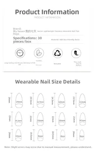 Detailed size chart for press-on nails showing dimensions for 12 sizes and 30 pieces