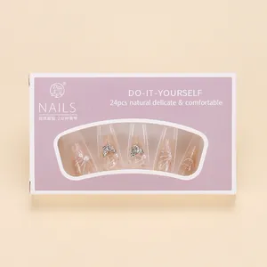 Set unghie finte con farfalle e perle, confezione da 24 pezzi color lavanda