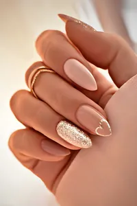Close-up of almond-shaped press-on nails with champagne gold glitter and heart cut-outs