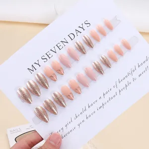24pcs almond press-on nails with rose gold glitter and nude pink heart designs