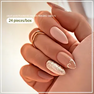 24pcs French press-on nails set featuring nude pink, gold glitter and heart design