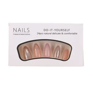 French style 24pcs press-on nail kit with heart glitter and pink finish in a box