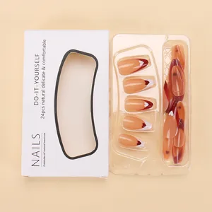 French style press-on nails set with red and white heart patterns, 24 pieces included