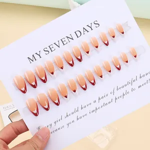 24pcs burgundy French heart press-on nails with nude gradient waterdrop design