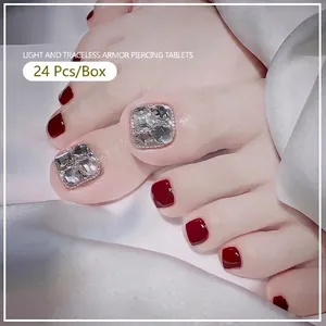 Deep red and silver glitter press-on toenails with rhinestone accents, 24 Pcs/Box set