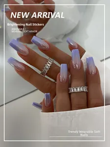 Detail of long square press-on nails with purple cat eye gradient and shimmering finish