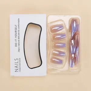 Set of 24 long coffin press-on nails with electroplated purple-pink gradient finish