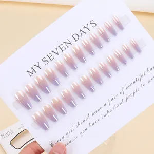 Purple and nude pink gradient press-on nails with shiny mirror finish on ballet shape