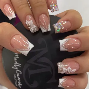 French Style Press On Nails Long Square Nude Pink 3D Flower Glitter Star Heart Design Fake Nails For Women Girls Fashion