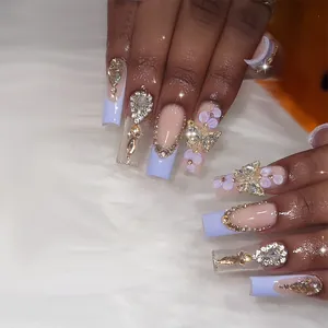 Faux Ongles Carrés Extra Longs Papillon 3D Doré Strass French Purple Nude Faux Ongles Manucure De Luxe Pour Femme