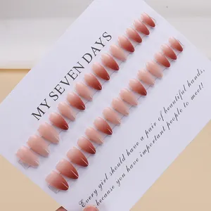 Pink and reddish-brown ombre press-on nails in medium-long coffin shape, set of 24 pieces