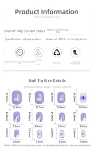 Size chart showing 24 pieces of cartoon press-on nails in 12 various dimensions for children