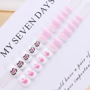 Short cute cartoon pink cat press-on nails with 24 removable gradient false nail tips