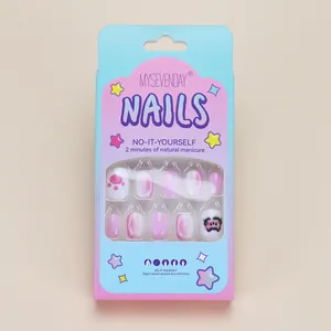 Set of 24 cute cartoon cat and pig press-on nails with pink purple gradient finish