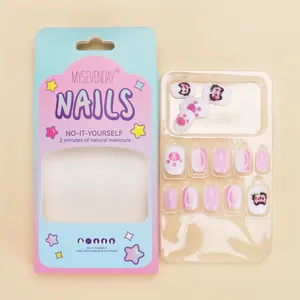 Cute cartoon cat claw press-on nails set with 24 pieces of pink and blue gradient tips