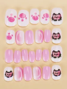 Close-up of pink and white cartoon cat pattern press-on nails with glossy finish
