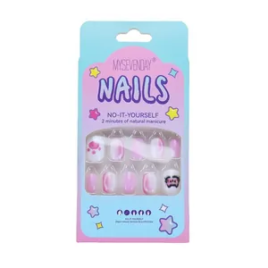 Short cute cartoon cat press-on nails set with 24 pink and white gradient pieces
