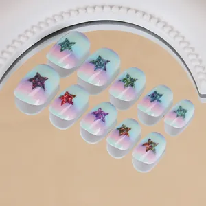 Unghie Finte a Pressione a Forma di Stella Marina per Bambine Sfumatura Rosa Blu Corte e Tonde Unghie Artificiali Kit per Manicure