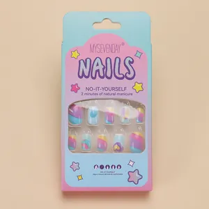Set da 24 unghie finte arcobaleno per bambine con motivi macaron e confezione regalo
