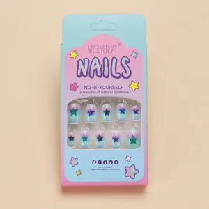 Unghie finte colorate con stelle marine per bambine, 24 pezzi sfumati blu e rosa