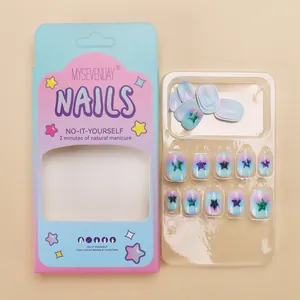 Unghie finte corte per bambine sfumate con stelle marine colorate, set da 24 pezzi