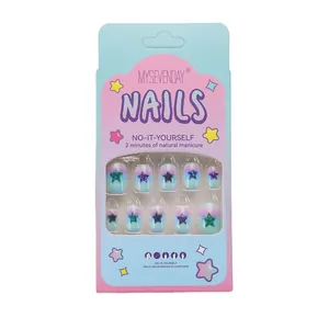 Unghie finte corte per bambini 24 pezzi con sfumatura blu e rosa e motivo stella