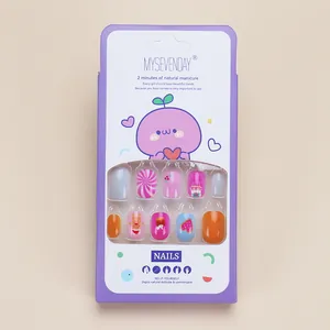 Kids press-on nail kit with 24 cute cartoon graffiti and colorful heart designs