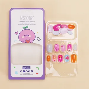24-piece colorful cartoon press-on nails for girls with hearts and fruit designs