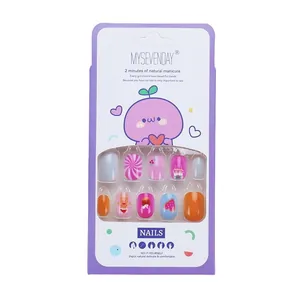 Set of 24 cute cartoon press-on nails for kids with colorful graffiti and patterns