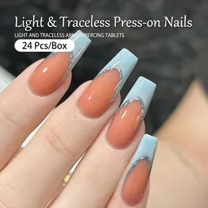 French blue tip coffin press-on nails with silver glitter and 24 pieces set