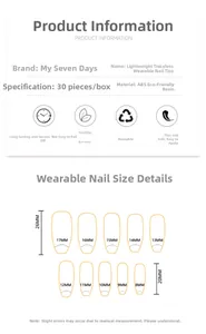 Detailed sizing chart for handmade press-on nails showing width and length specifications