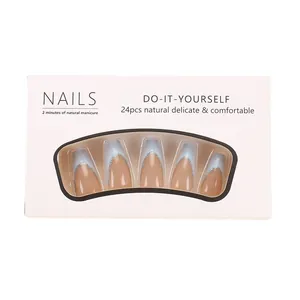 24pcs French blue tip press-on nails with silver glitter in ballerina long shape
