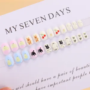 Coffret de 24 faux ongles mignons pour enfants aux motifs de dessins animés et fruits