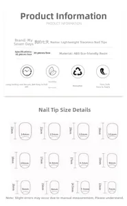 Size chart for press-on nails showing 12 ABS resin dimensions for a precise fit