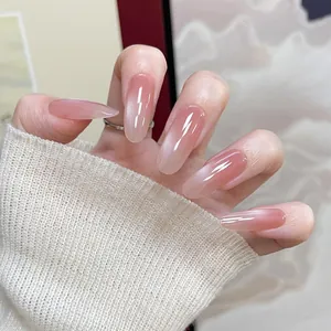 Long Almond Shape Cat Eye Press On Nails Nude Pink Gradient Glossy Fake Nails Elegant Daily Manicure For Women Nail Art