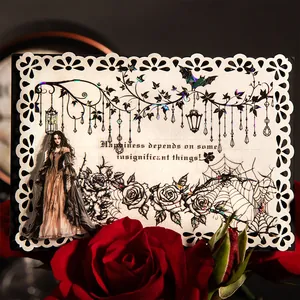 Ruban PET gothique avec dame argentée laser et roses noires pour décorations de DIY