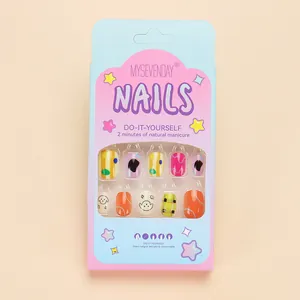 Set of 24 cute cartoon press-on nails for girls featuring puppy and cow patterns
