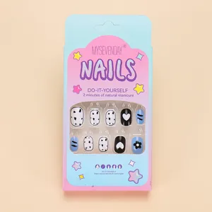 Cute kids press-on nails set with heart and flower patterns, 24 pieces in blue and black