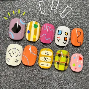 Kids Cute Cartoon Puppy Press-on Nails Colorful Graffiti Painted DIY Manicure For Girls Artificial Nails With Tools