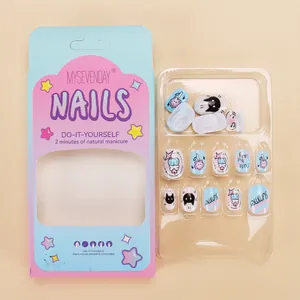 Short round kids press-on nails set with 24 cute cartoon kitten and rainbow patterns