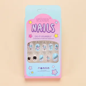 24pcs short round cartoon cat press-on nails for kids with cute floral designs