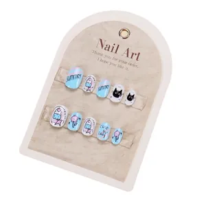 Short round press-on nails for kids with cute cartoon cat and summer art designs