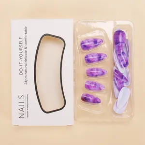 Set di 24 unghie finte a goccia medio-lunghe viola marmorizzate e a tinta unita